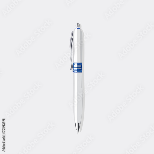 White Ballpoint Pen With Blue Stripes On Light Gray Background