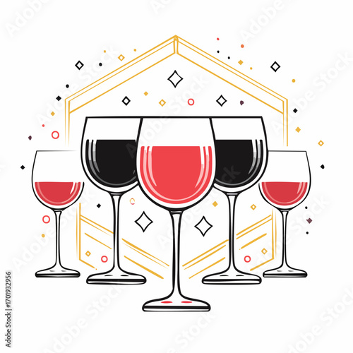 Five Wine Glasses With Red Wine On White Background With Gold Geometric Frame