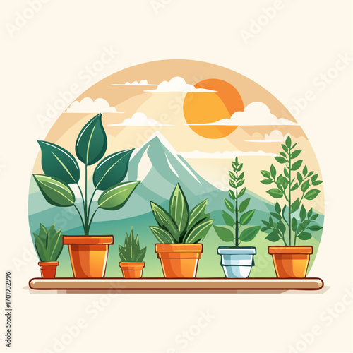 Potted Plants Growth Stages With Mountain Sunset Background