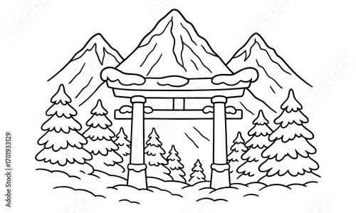 Mountain shrine coloring page design for relaxation and creativity