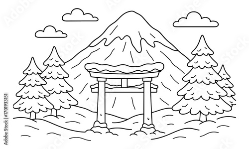 Tranquil mountain shrine coloring page – ideal for relaxation and creativity