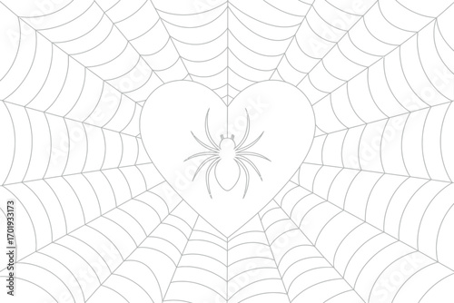 A spider hangs inside a heart in the center of a spiderweb design in a black and white illustration