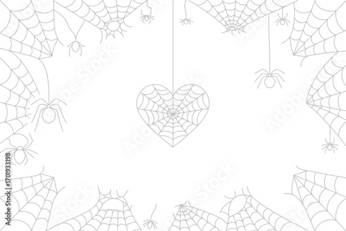 White background with spiderwebs and spiders framing a heart shaped web in the center hanging down