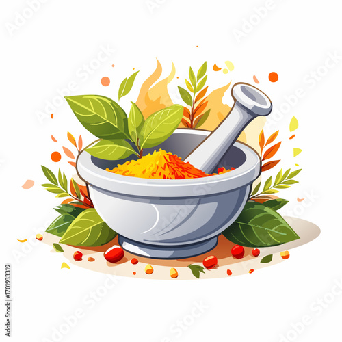 Mortar and Pestle with Spices and Herbs