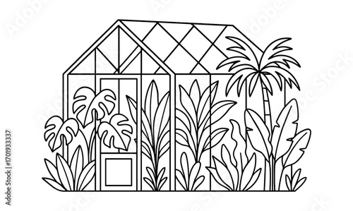Greenhouse coloring page design with tropical plants for creative fun and relaxation
