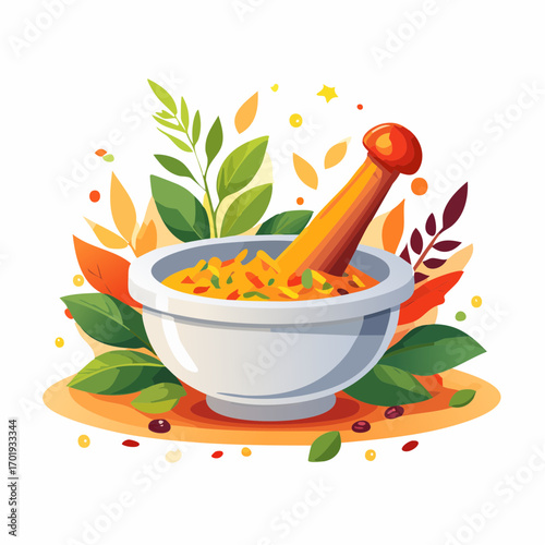 White Mortar And Pestle With Orange Herbs And Spices