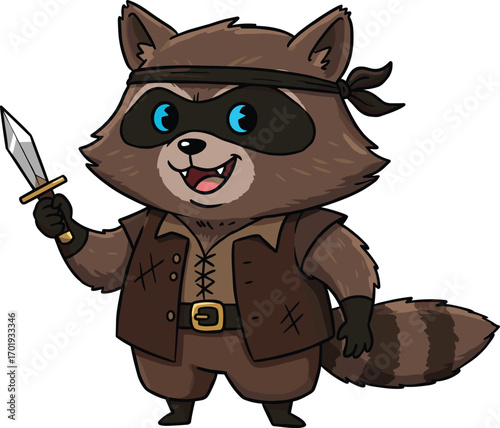 Cute cartoon raccoon warrior holding sword, smiling animal character, kid-friendly mascot, fantasy adventure, playful costume, brave and adorable illustration.