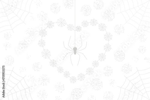 A spider hangs in the center of a heart shape made of spiderwebs on a white background all in white