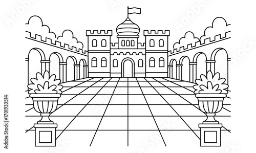 Elegant checkered courtyard of a majestic palace with arched pathways and flag