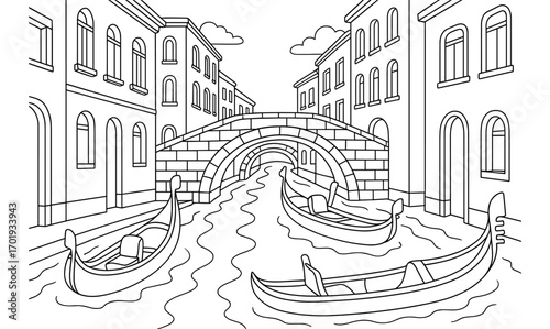 Gondola canal scene coloring page for relaxation and creativity