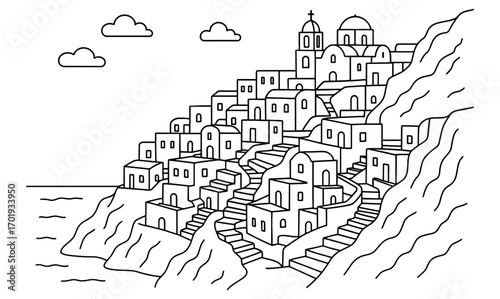 Cliff village illustration for adult and children coloring books