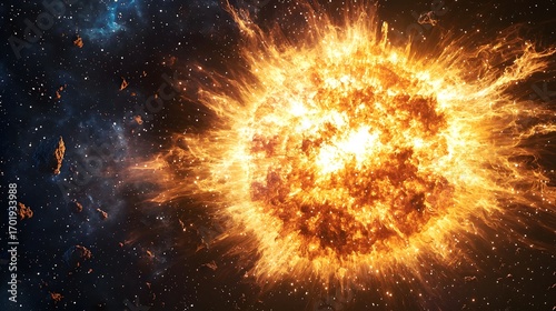 Wallpaper Mural A spectacular depiction of a celestial explosion, radiating intense orange and yellow light against a backdrop of dark space and scattered cosmic debris. Torontodigital.ca