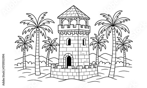 Fortified watchtower and oasis scene for coloring pages and kids' activities