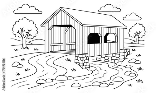 Wooden bridge coloring page design for relaxation and creativity