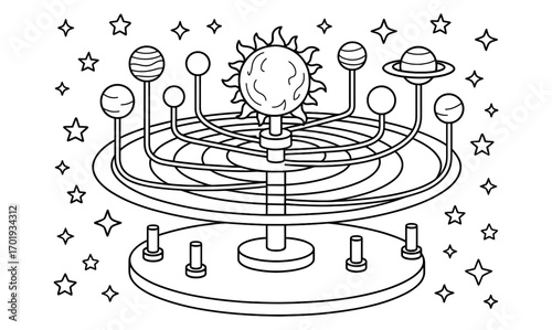Solar system orrery illustration: celestial model design for educational and artistic use