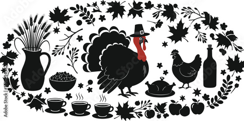Thanksgiving, turkey, harvest, autumn, feast, cranberry, apple, wheat, pitcher, platter, hat, leaf, berry, cup, hen, food, celebration, vector, black, white