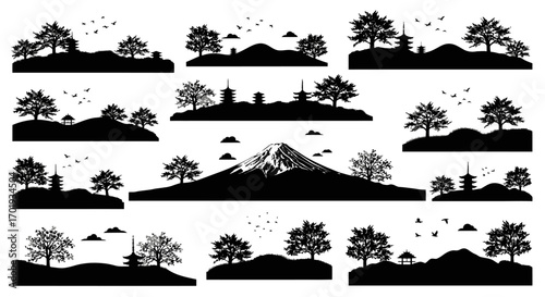 Japanese Landscape Silhouette Collection Trees, Mountains, and Temples in Black and White