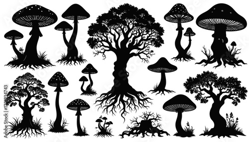Silhouette Collection Majestic Trees and Enigmatic Mushrooms