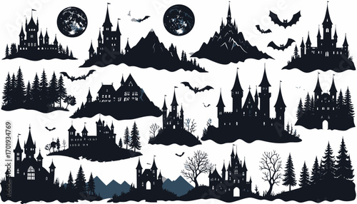 A collection of dark fantasy castle silhouettes, featuring spooky mansions, gothic towers, mountains, forests, and bats for fairytale or horror themes