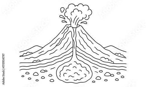 Hand drawn volcano cross section illustration for educational and scientific use
