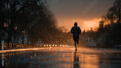 Fototapeta Naklejka Na Ścianę i Meble -  Silhouette of a runner in the rain at sunset
