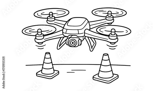 Drone surveillance over traffic cones - illustration for safety and technology designs