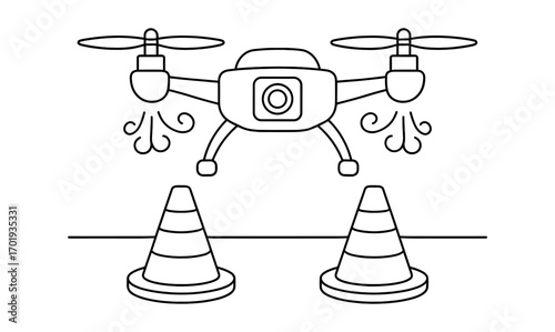 Line art drone with traffic cones for technology and logistics concepts