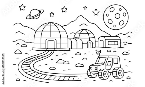 Lunar base adventure with futuristic domes and rover on moon surface
