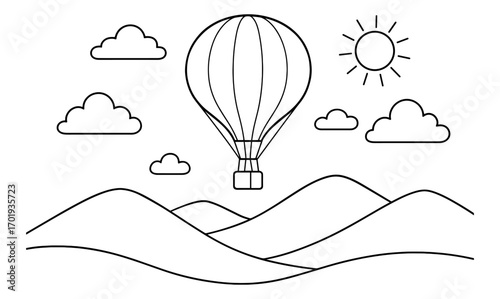 Weather balloon adventure over hills with clouds and sun design for prints and posters