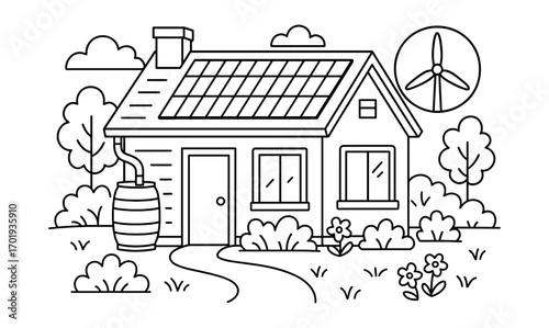Eco-friendly house with solar panels and wind turbine for sustainable living design