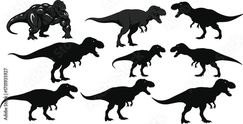 Tyrannosaurus, rex, dinosaur, silhouette, prehistoric, fossil, creature, animal, pose, motion, cartoon, realistic, icon, vector, black, white, stylized, anatomy, Jurassic, theme
