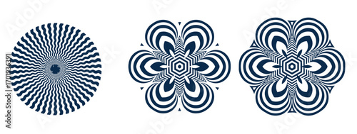 Set of black circle rotating rays and beams. Radial sunburst elements pack. Round spinning swirls, stars and twirls pack. Illustration bundle for banner, badge, sticker, poster