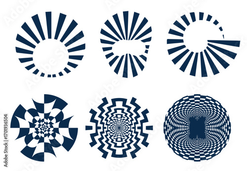 Set of black circle rotating rays and beams. Radial sunburst elements pack. Round spinning swirls, stars and twirls pack. Illustration bundle for banner, badge, sticker, poster