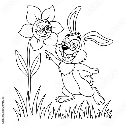 A cartoon drawing of a funny rabbit and flowers, suitable for humorous posters, digital art, and various printed products.
