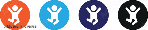 Four round icons featuring a joyful child figure in red blue purple and black vector
