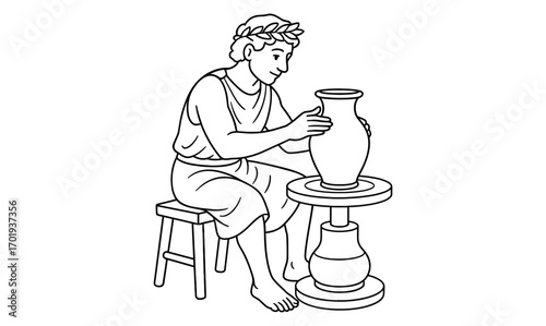 Ancient greek potter at work on ceramic vase - line art illustration for craft and design projects