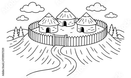 Celtic hill fort illustration with simple design - historical settlement concept for educational use