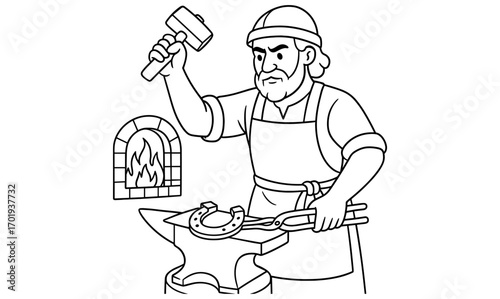 Medieval blacksmithing scene with artisan crafting ironwork in workshop design for poster or educational material