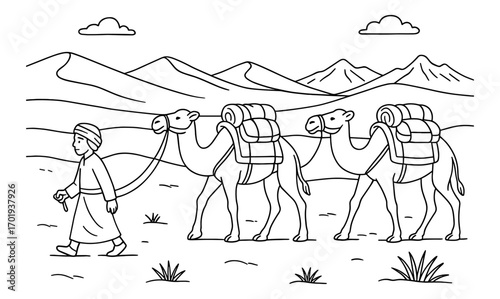 Desert journey with silk road caravan featuring camels and mountains - ideal for educational and cultural themes