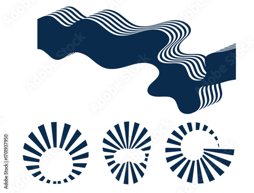 Set of black circle rotating rays and beams. Radial sunburst elements pack. Round spinning swirls, stars and twirls pack. Illustration bundle for banner, badge, sticker, poster