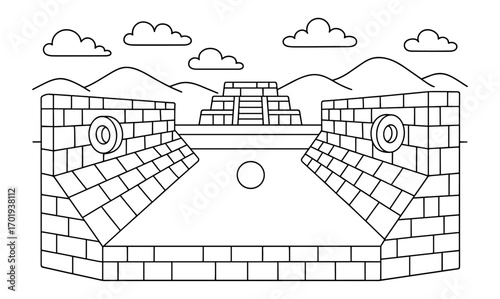 Illustration of ancient mayan ball court with pyramid and mountains for design use