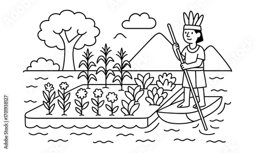 Aztec floating garden illustration with traditional elements for educational and cultural design