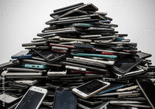 A massive pile of discarded, cracked, and stacked cell phones against a bright background, representing electronic waste.