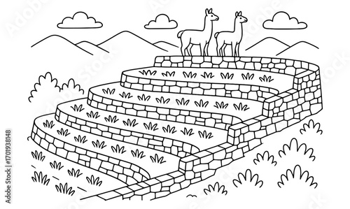 Inca farming landscape with llamas: simple composition for educational illustration or coloring activity