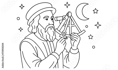 Renaissance astronomer with telescope and sextant under starry night - educational illustration for historical studies