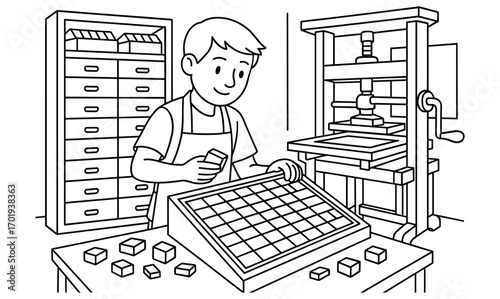 Printing workshop scene featuring worker with printing press and letter blocks