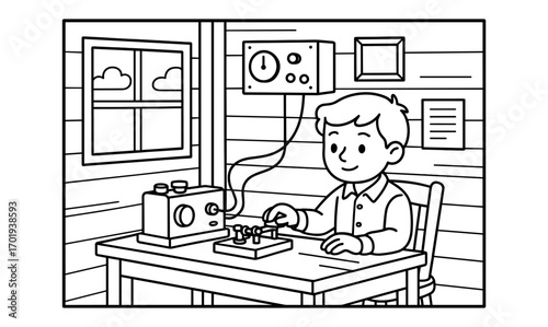Vintage telegraph office scene with young operator in simple composition for educational illustration