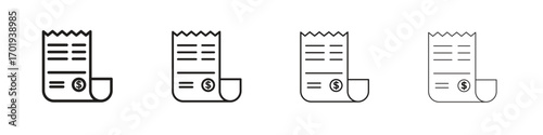 paper check receipt icons. thin line symbols in strokes