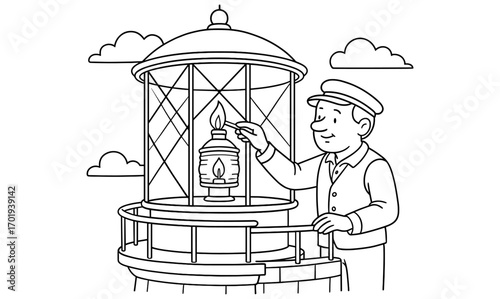 Lighthouse keeper tending lantern in minimalist line art for nautical design and decoration