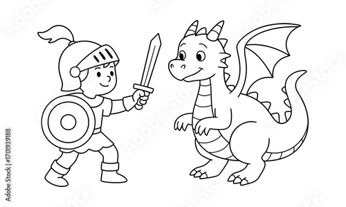 Brave hero and friendly dragon encounter for children's coloring pages and storytelling adventures